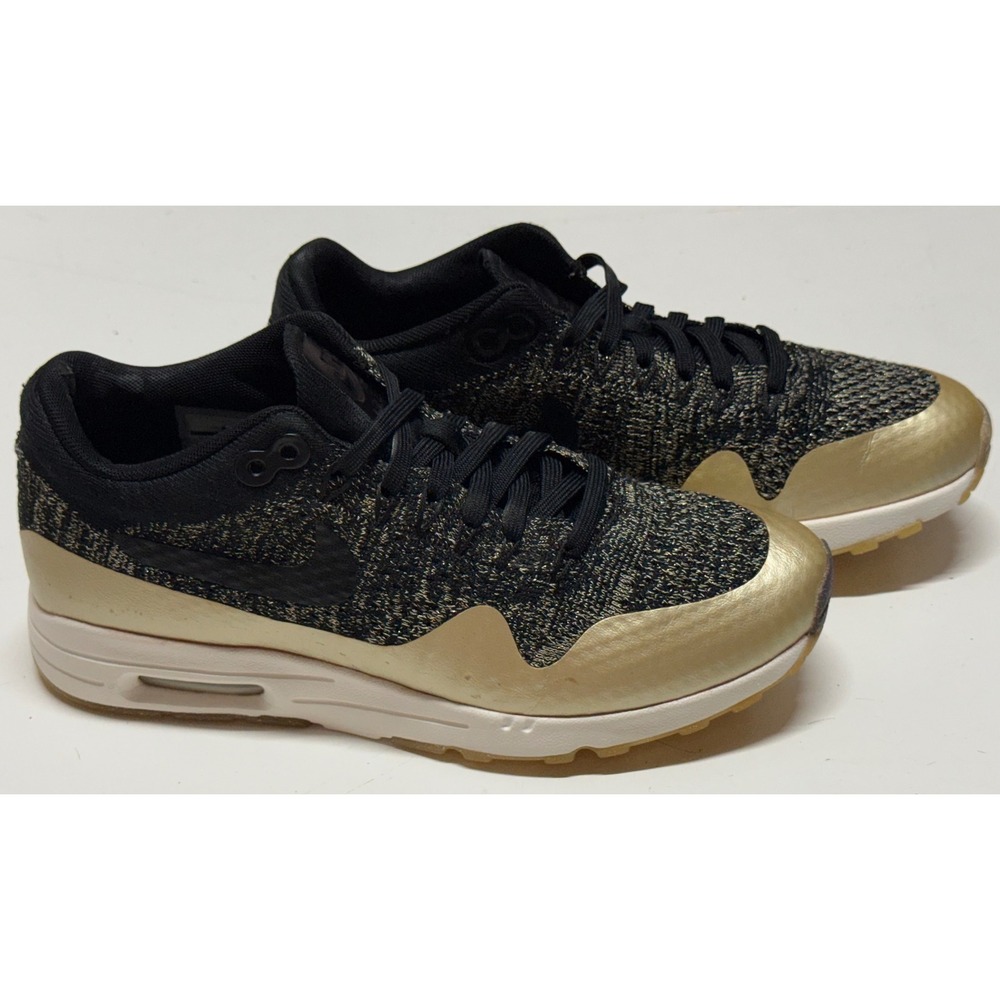 Nike Air Max 1 Ultra 2.0 Flyknit Metallic Black Gold Sneakers 881195-01 Womens 6